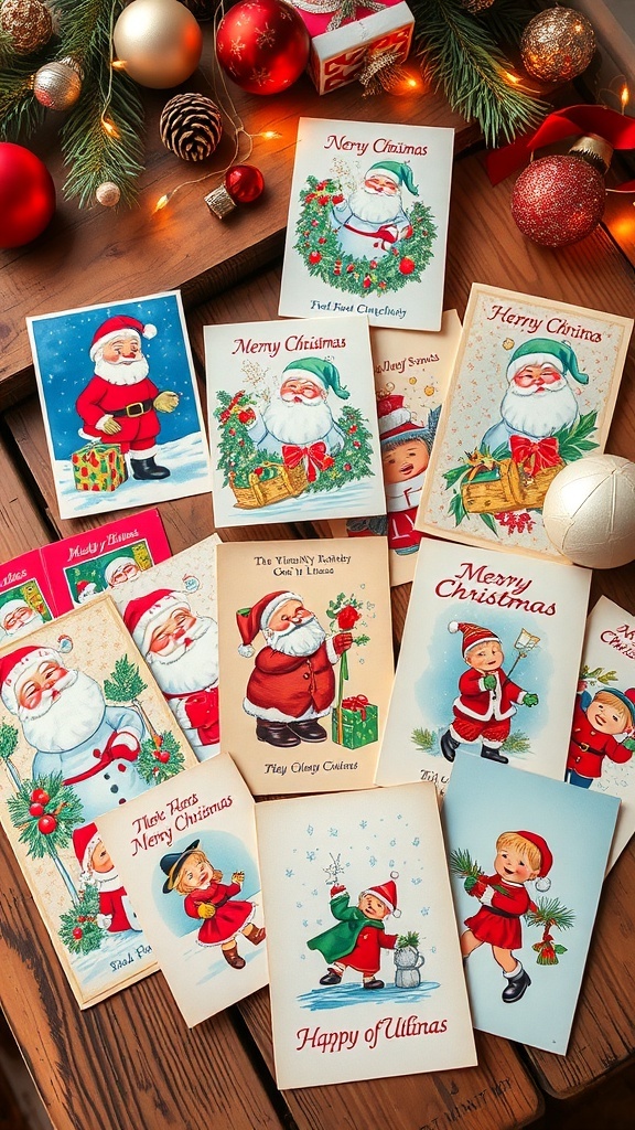 A display of 1950s retro Christmas cards with Santa, snowmen, and festive designs on a wooden table with holiday decorations.
